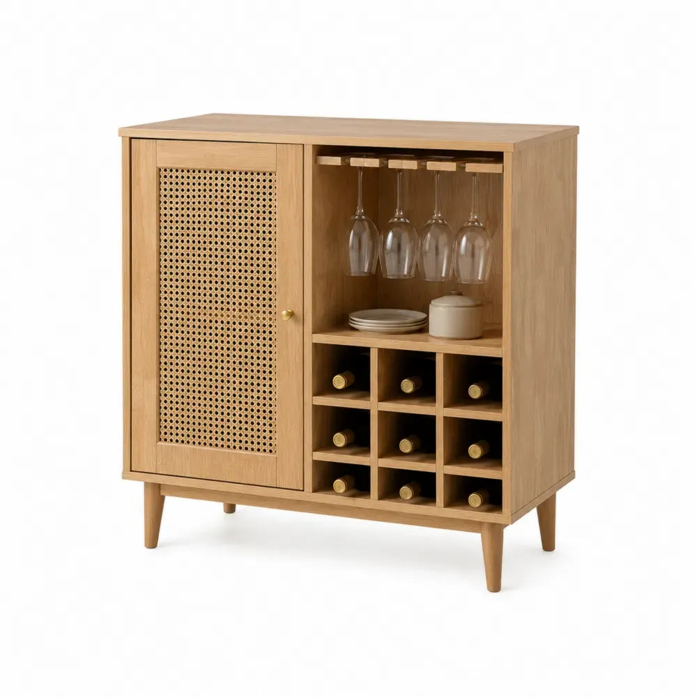 Aparador de madera con puerta de mimbre y estante para vinos, 87x35x102 cm, roble claro