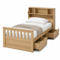 Cama individual de madera de roble con cajones y estantería