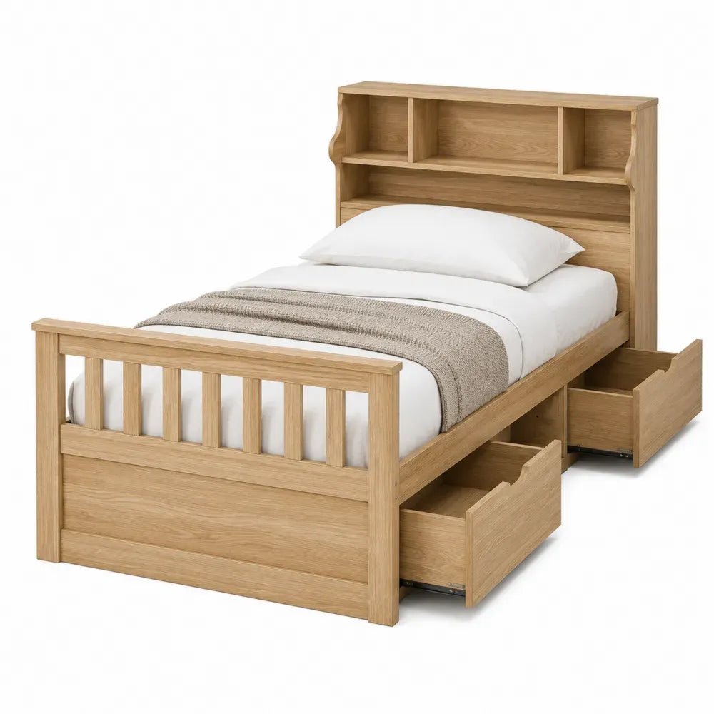Cama individual de madera de roble con cajones y estantería