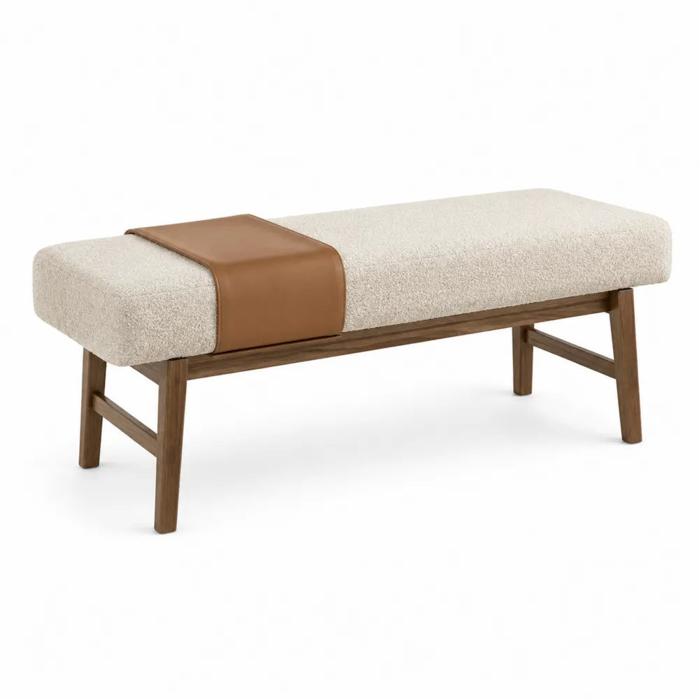 Banco de madera con tapizado en poliéster beige y detalles en piel sintética marrón 120x40x45 cm