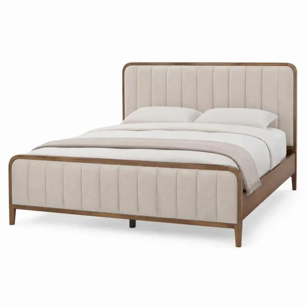 Cama tapizada de poliéster beige y madera 210x160 cm