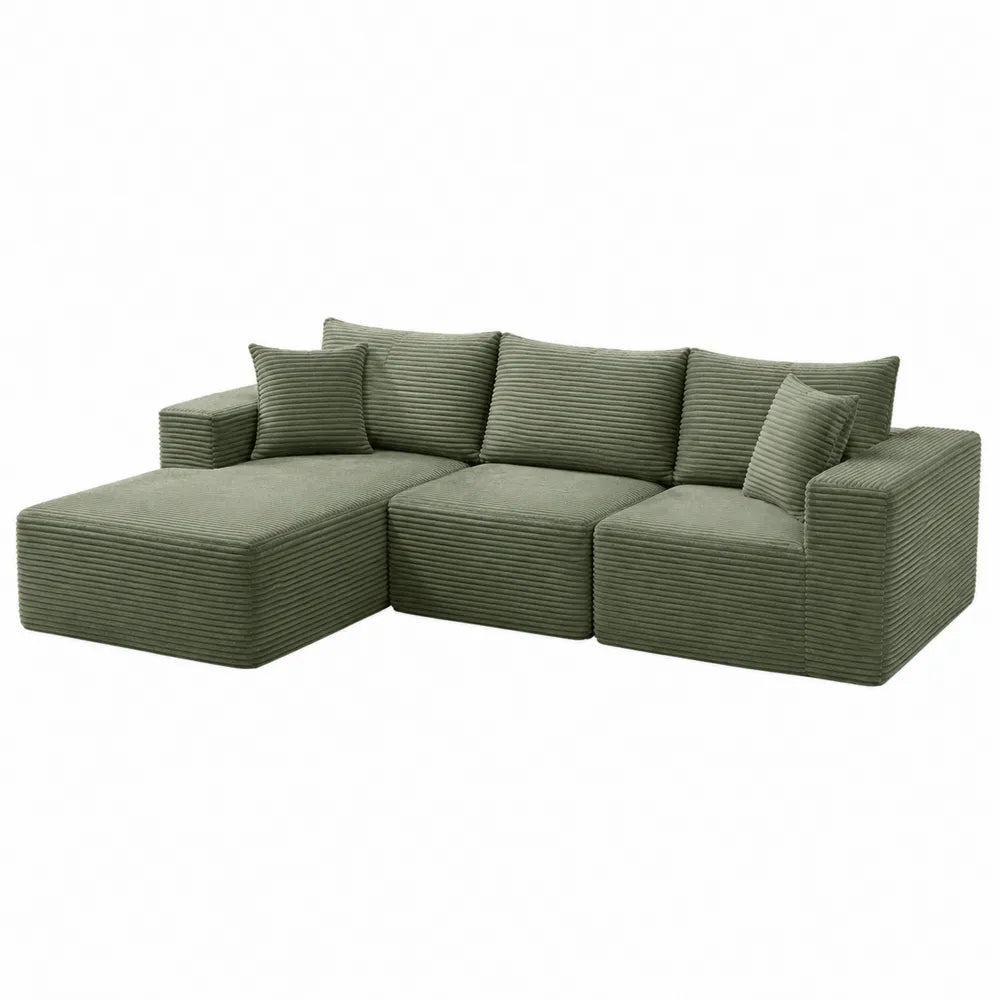 Sofá modular en forma de L verde pana con chaise longue