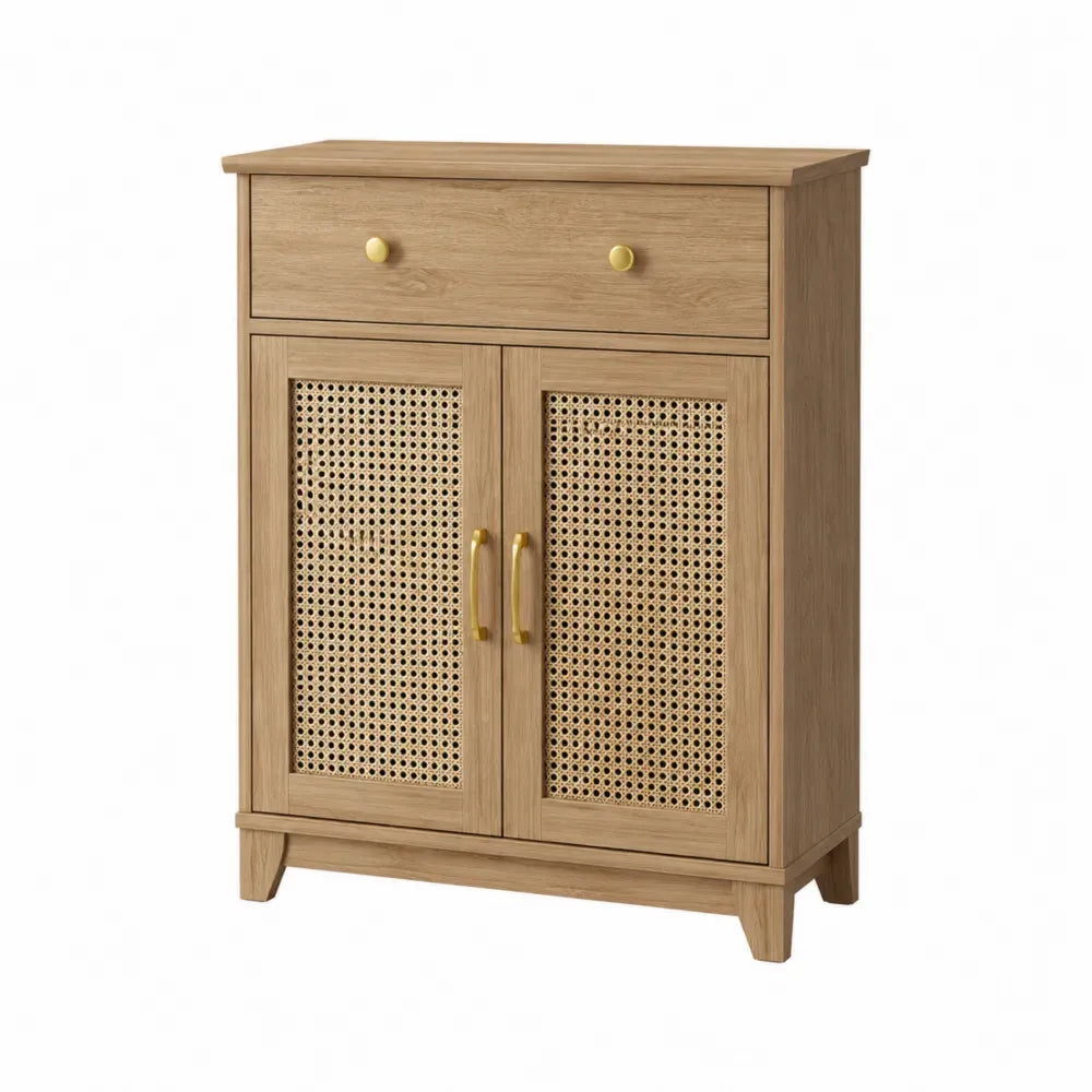 Aparador de madera y rattán con detalles dorados 80x30x100 cm