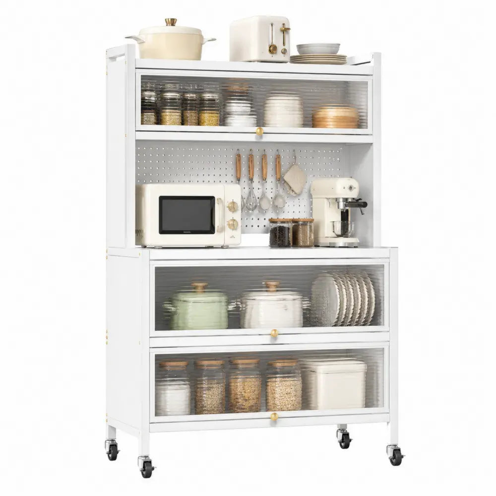 Aparador de Cocina de Acero con Vidrio Acrílico y Ruedas