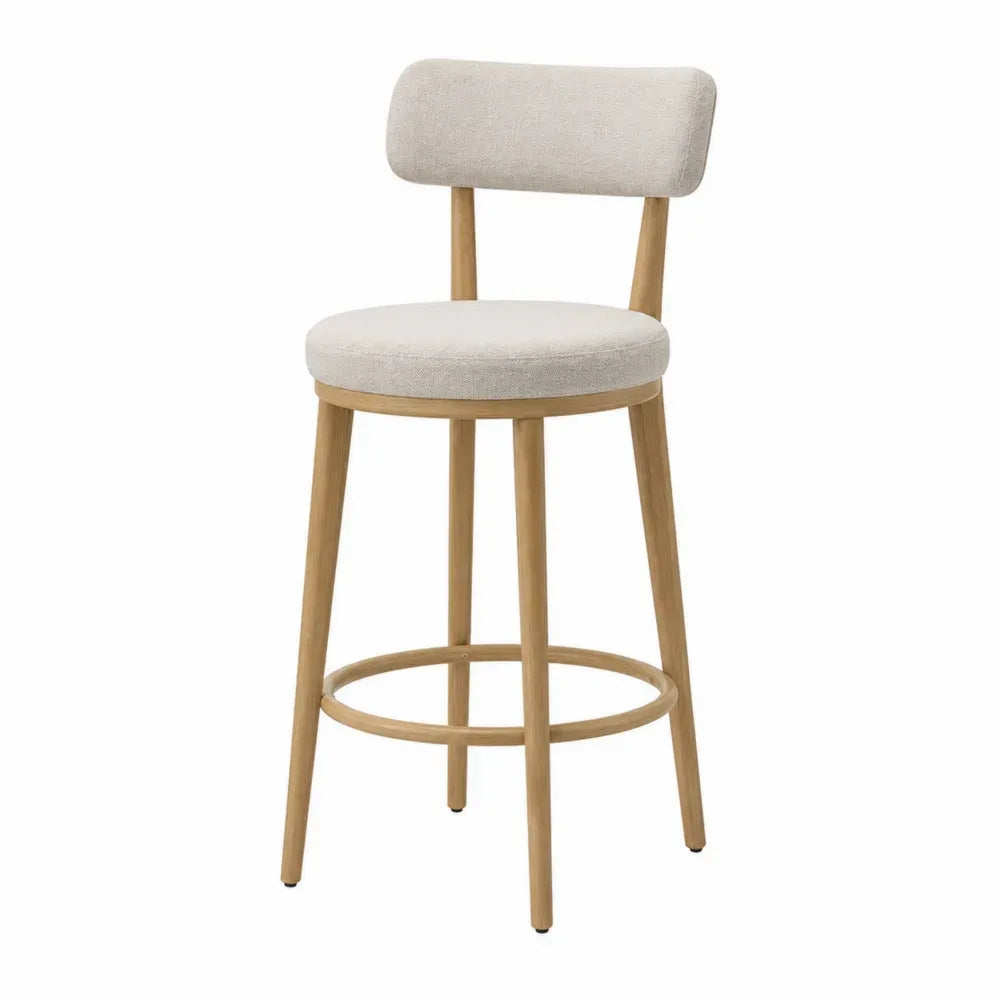 Taburete de bar con estructura de madera y tapizado de poliéster beige