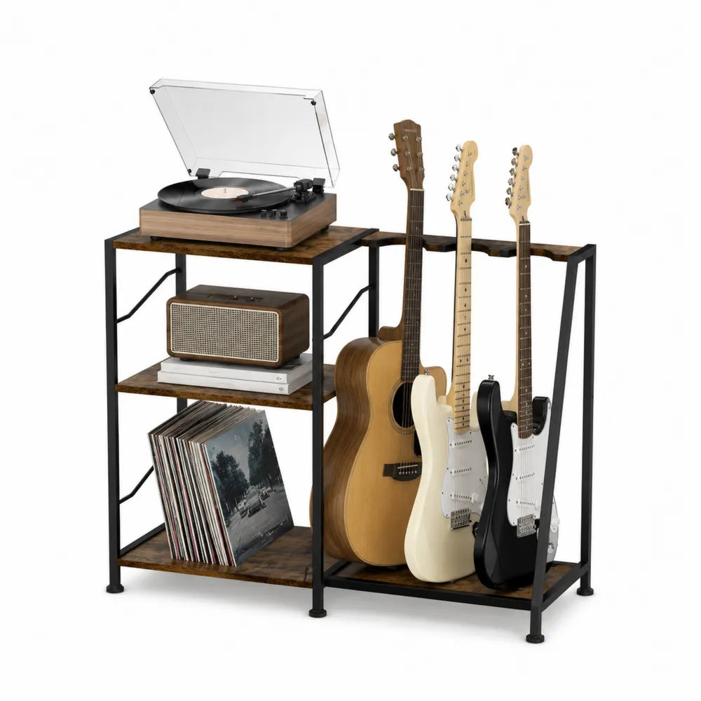 Estantería de madera y metal para discos y guitarras