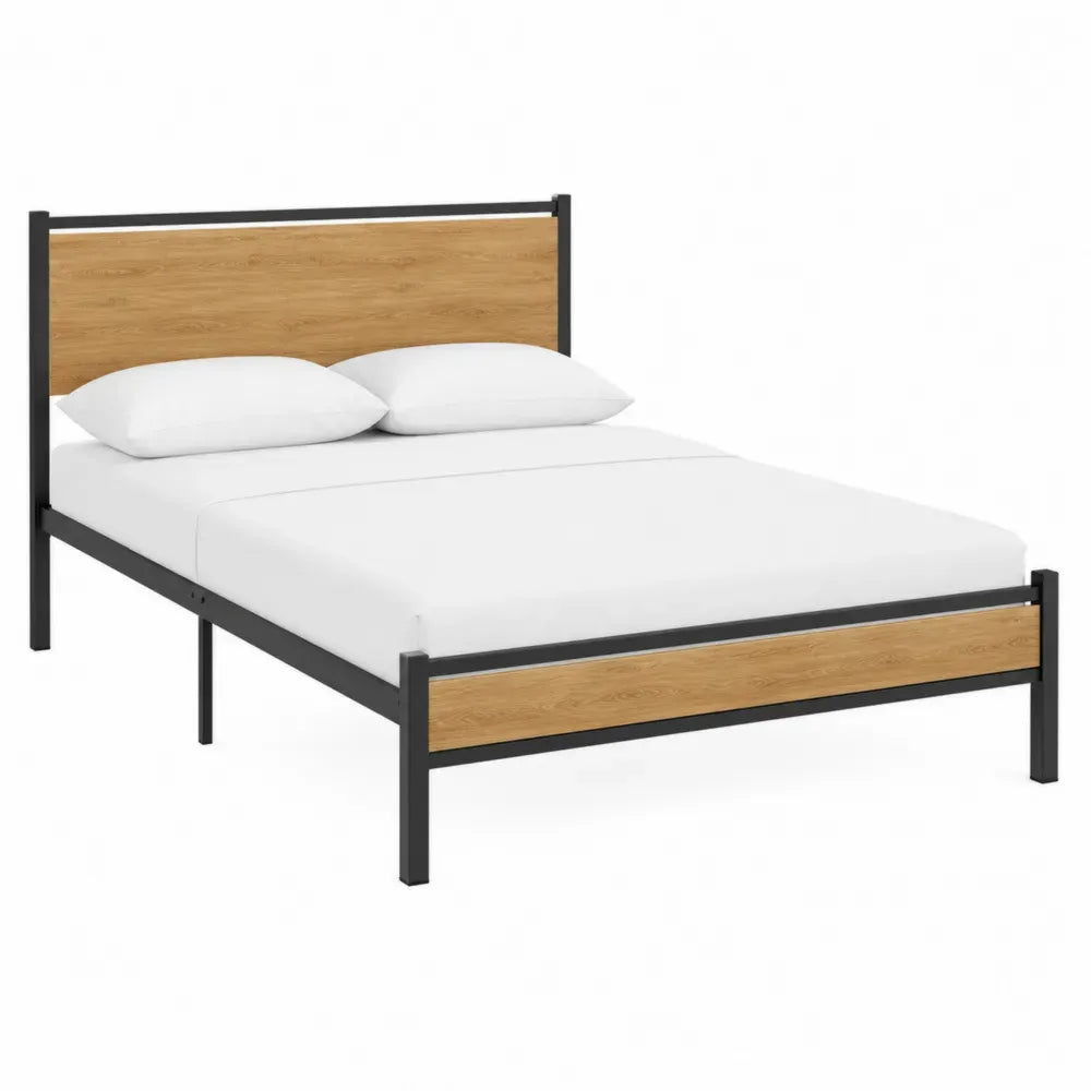 Cama de Matrimonio de Metal y Madera de Roble 200x150 cm Negra