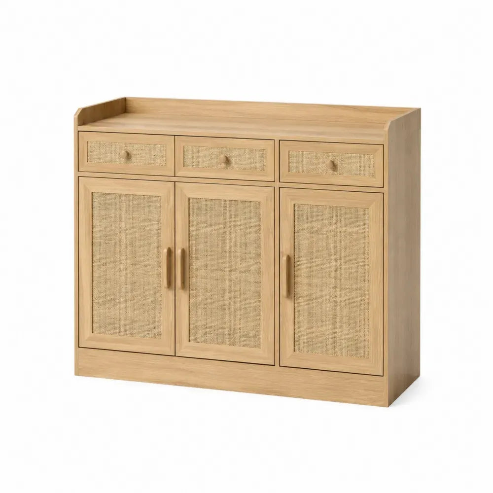 Aparador de madera de roble y ratán con 3 puertas y 3 cajones