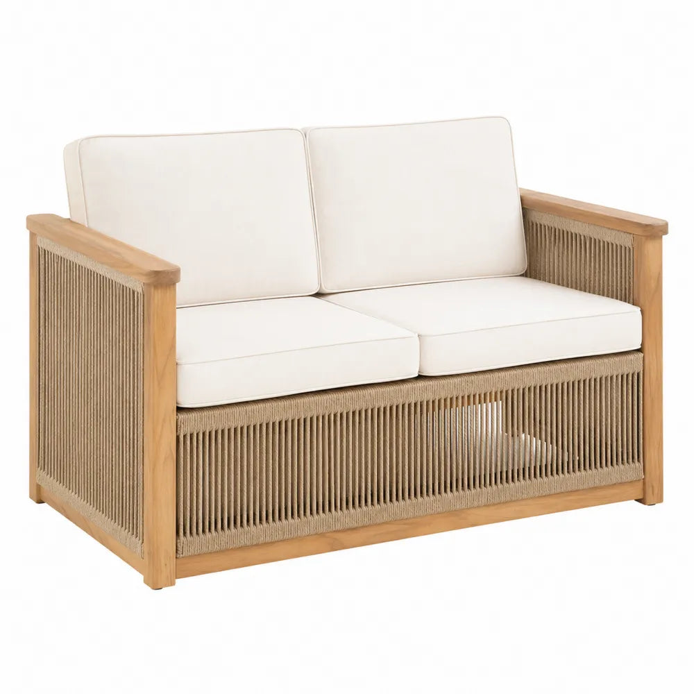 Sofá de exterior de madera de teca y cuerda beige