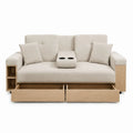 Sofá de tela beige con almacenamiento y estantería de madera