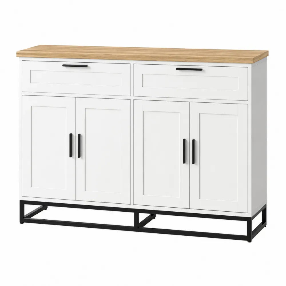 Aparador de MDF Blanco con Encimera de Roble y Base de Metal 120x40x85 cm