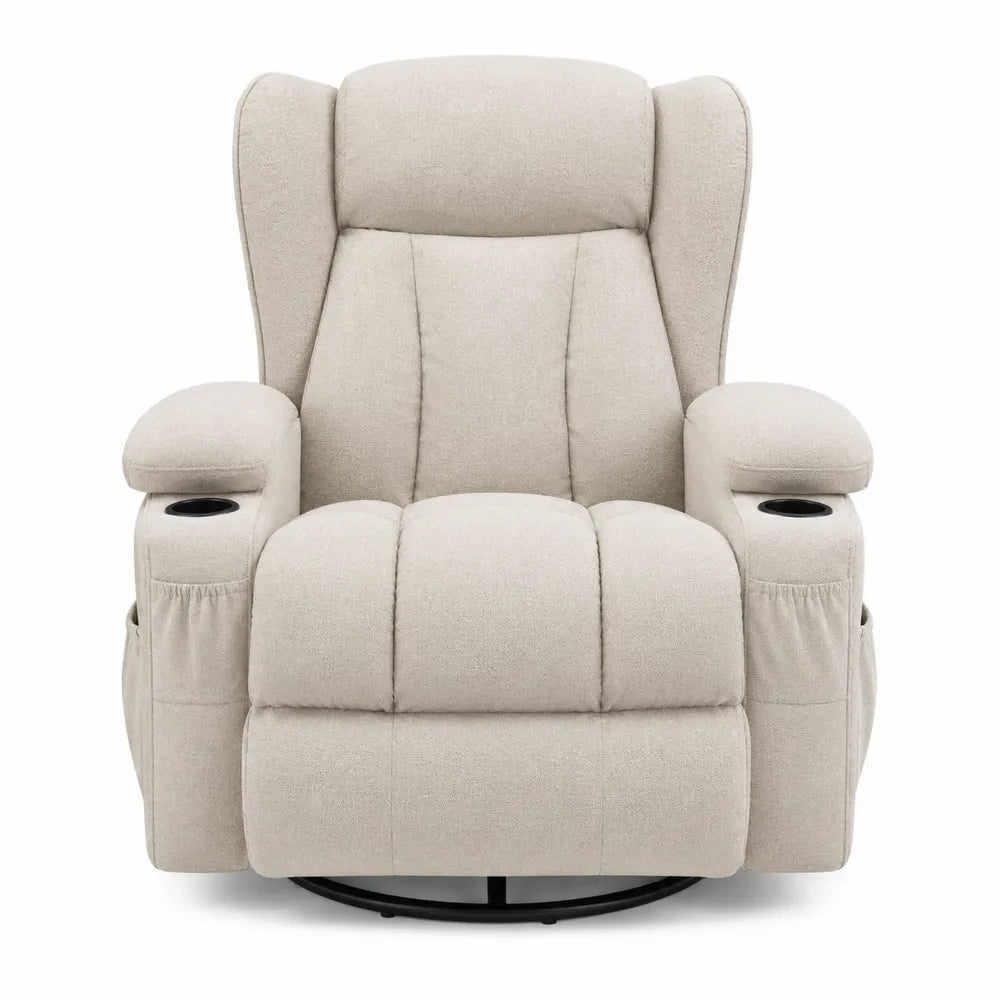 Sillón Reclinable Giratorio Tapizado en Tela Beige con Porta Vaso