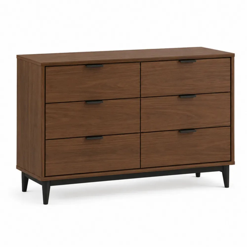 Cómoda de madera con 6 cajones de MDF chapado en nogal 120x40x80 cm