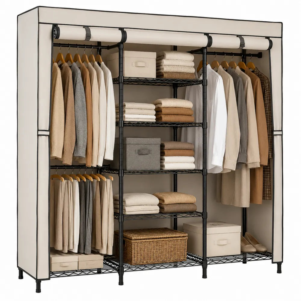 Armario portátil de tela con estantes metálicos negro/beige 170x45x170 cm