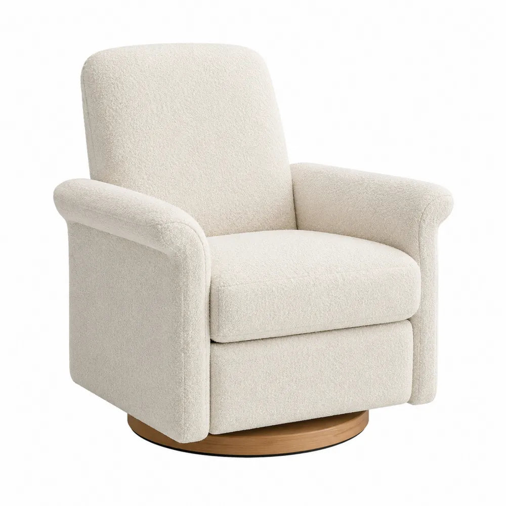 Sillón Giratorio de Tela Bouclé Beige con Base de Madera