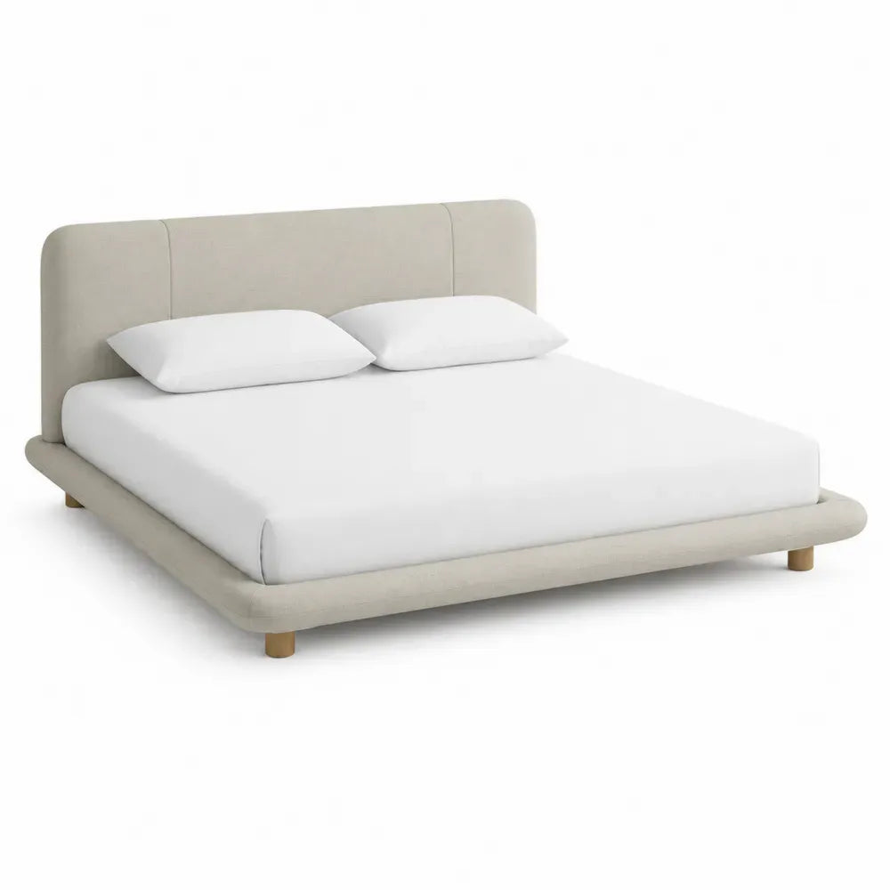 Cama tapizada de tela beige con somier de madera 200x160 cm