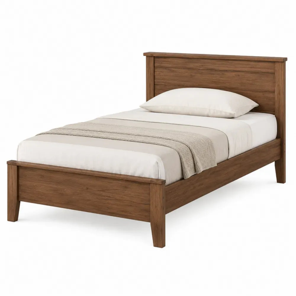 Cama individual de madera de roble marrón con colchón y almohada