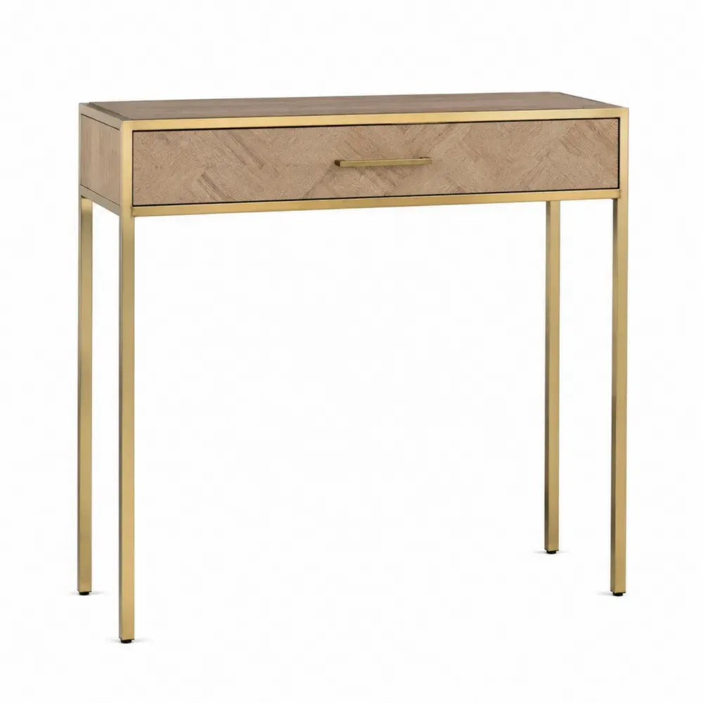 Mesa consola de roble y metal dorado con cajón 100x30x80 cm