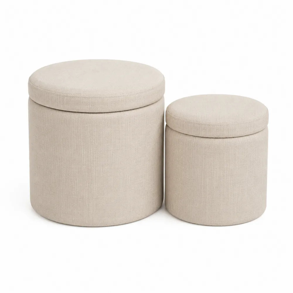 Set de taburetes redondos de tela beige con almacenamiento