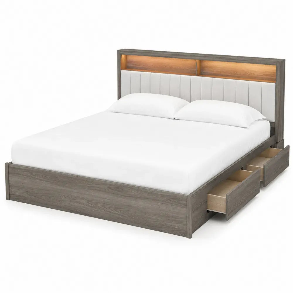 Cama de Madera Gris con Cabecero Tapizado en Tela de Poliéster y LED 200x150 cm